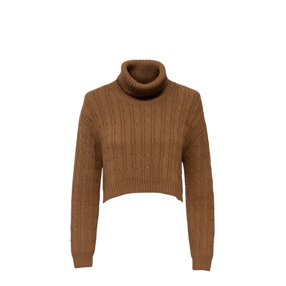 Ambiance Apparel Brown Cable Knit Cropped Turtleneck Sweater | Women’s M - Picture 2 of 7
